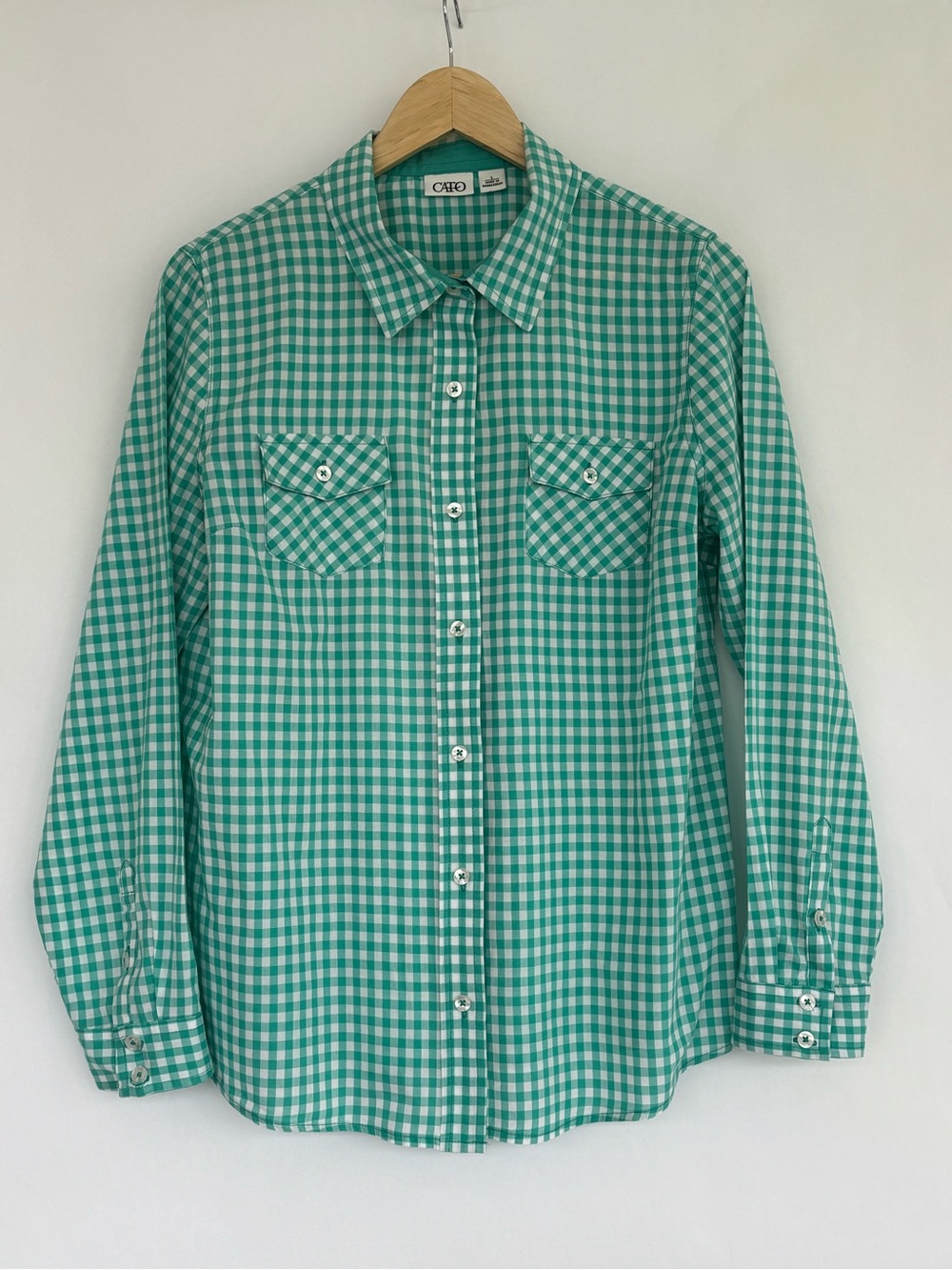 Teal / white,  gingham, long sleeve, large, western
